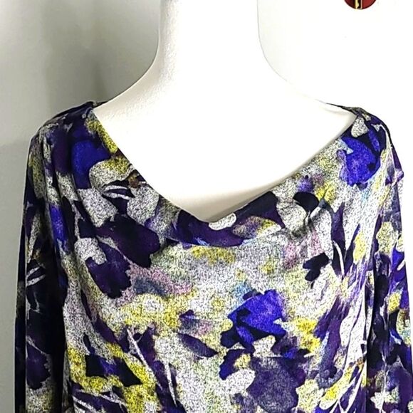 Simply Vera Asyemetrical Top, Cowl Neck,Floral,Gray, Purple & Yellow, Size Large - Picture 3 of 9